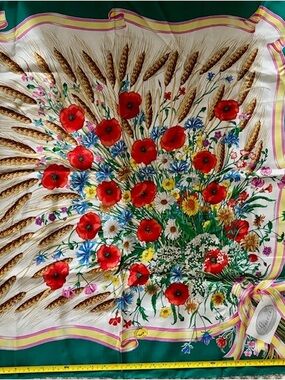 Gucci Yellow and Pink Ribbon Floral Silk Scarf